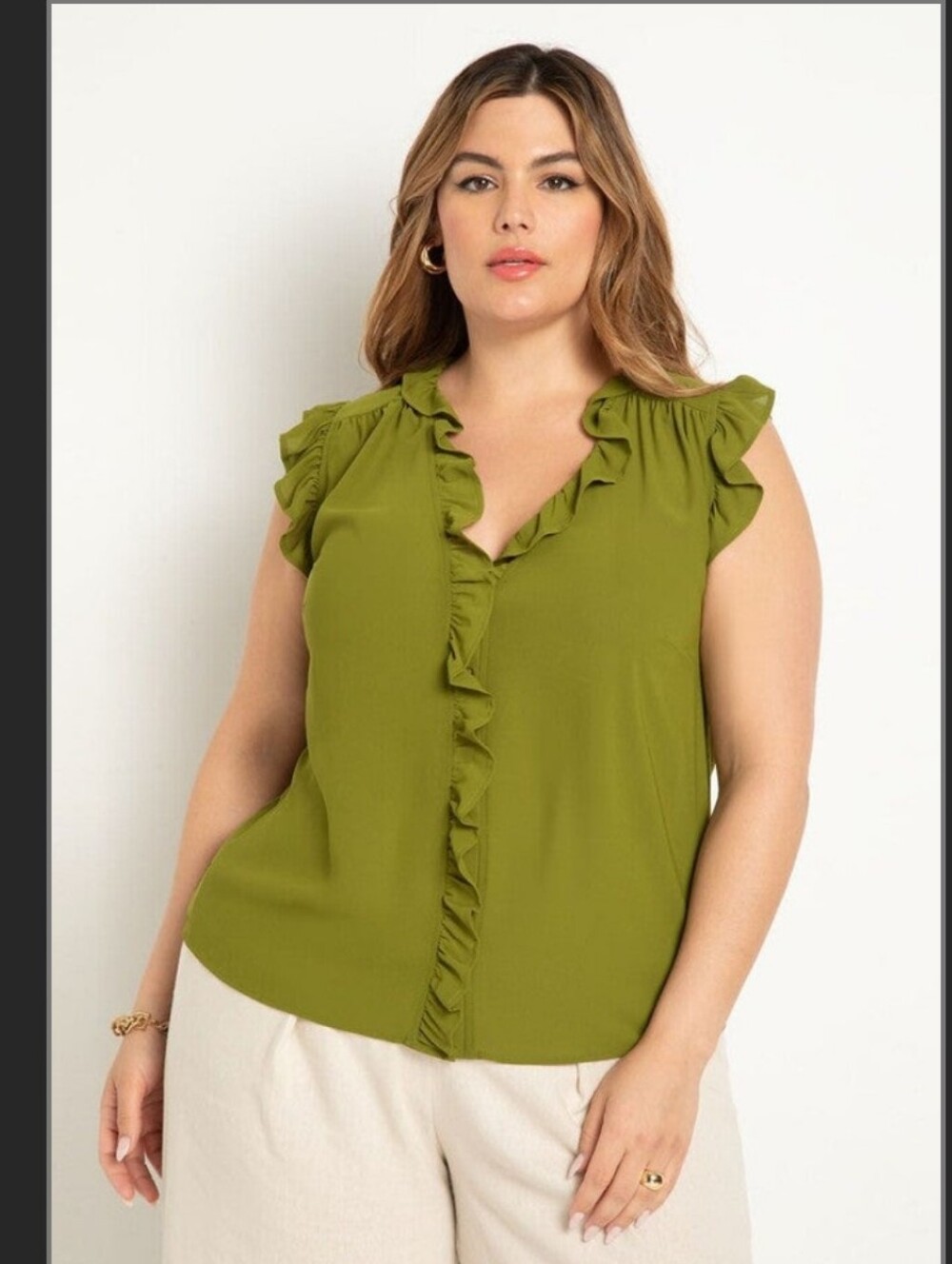 Eloquii Ruffle Trim V-Neck Sleeveless Camisole in Olive